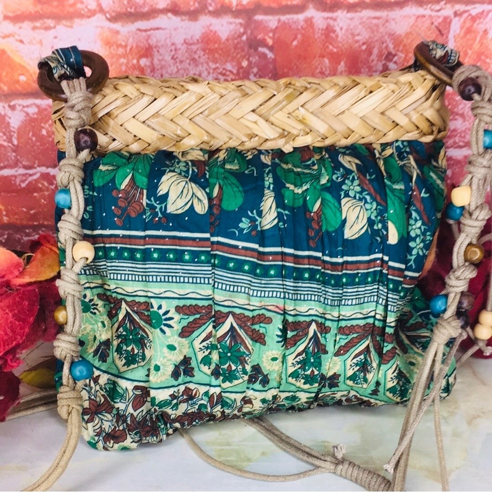 Cappelli Straworld Blue and Green Boho Fabric and Straw Crossbody Bag